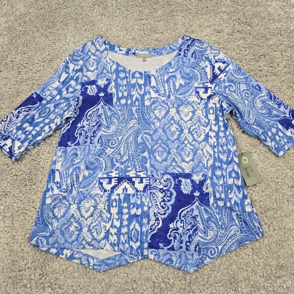 Habitat Womens Blue Asymmetrical Hem Pullover Top L Artsy Relaxed Comfort